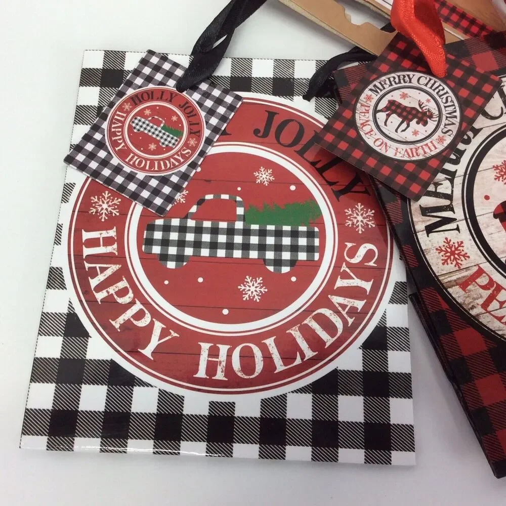 Christmas Gift Bags 7 Piece Set Red/Black Buffalo Check 3 Sizes Ribbon Handles